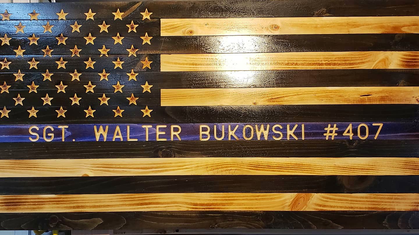 Blue line flag engraved SGT. Walter Bukowski #407